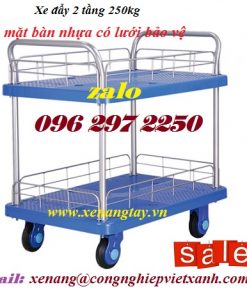 Xe đẩy 2 tầng 250kg mặt bàn nhựa có lưới bảo vệ